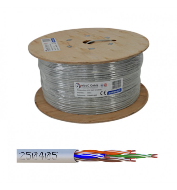 Bobine 500 m câble réseau UTP Cat5E LSZH - Ø 5,2 mm, Cu AWG24 Ø 0.5 mm